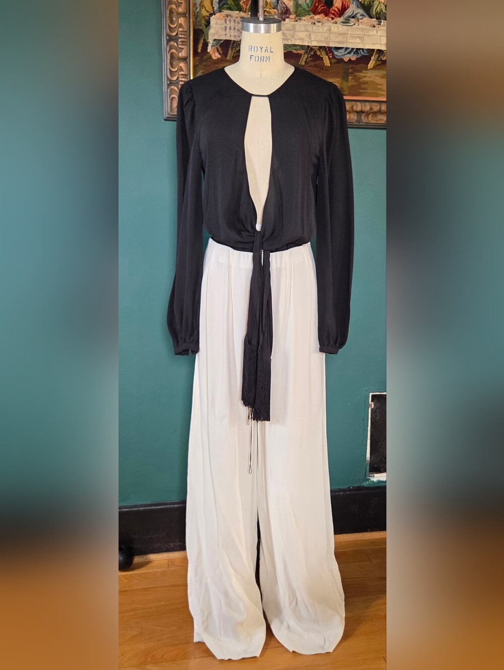 Rachel Zoe Giulia Jumpsuit Womens Size 4 Black White Sheer Top Wide Leg